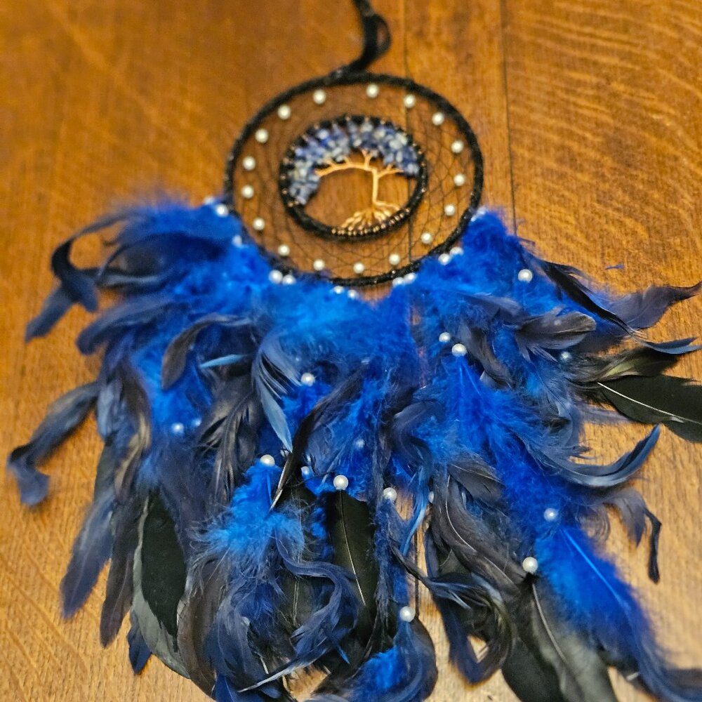 Blue Tree of Life Beaded, Feathered Dream Catcher